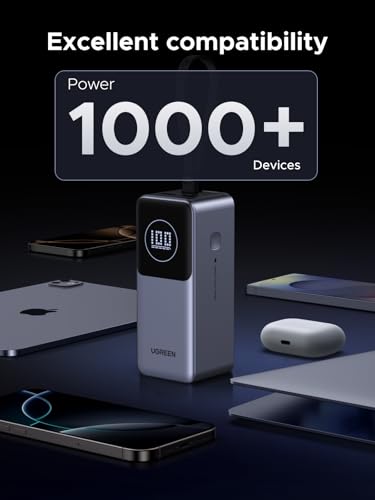 UGREEN Nexode 20000mAh 130W Built-in USB-C Cable Power Bank for iPhone 17 | 80W input recharge. Fast charges MacBook, iPad Pro, S25 Ultra, Dell, HP. 3-port output.