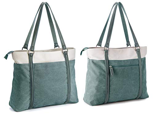 Laptop Tote Bag for Women, 15.6 Inch Work Bag with Laptop Compartment and Zipper, Canvas Computer Tote for Teacher - color: Green