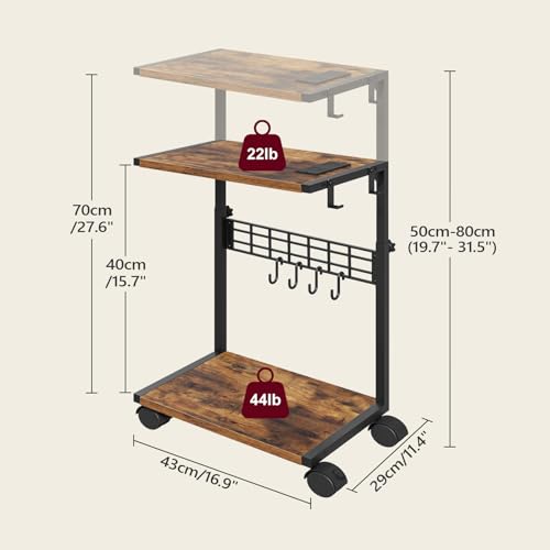 PC Stand with Charging Station, Height Adjustable Computer Tower Stand, 19.7"-31.5" H, Computer Cart with Wheels and Hooks, CPU Holder for Floor, Carpet and Under Desk, Rustic Brown - color: Rustic Brown