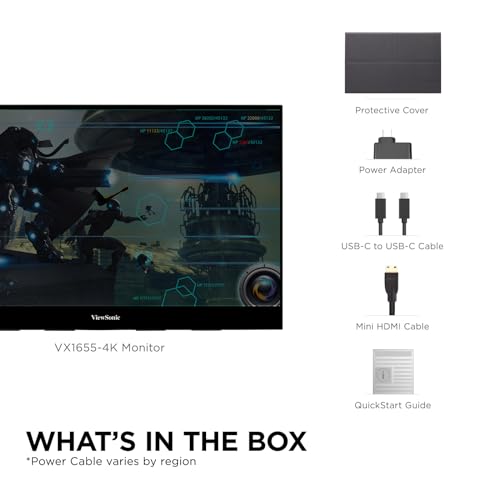 ViewSonic VX1655-4K 16 Inch 4K UHD Portable Monitor, IPS Second Screen | USB C, Mini HDMI, Tripod Mount, Dual Speakers, Built In Stand, Laptops, Mac, PC, 60W Charging, Anti Glare, 400 Nits, Travel - style: 4K