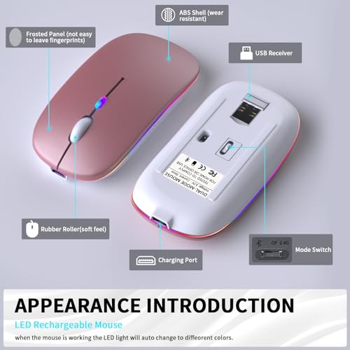 KANMABPC Wireless Bluetooth Mouse – Rechargeable, Silent, Dual Mode (Bluetooth 5.2 & USB) with LED Lights – Portable for Laptop, Desktop, & Tablet(Rose Gold) - color: Rose Gold