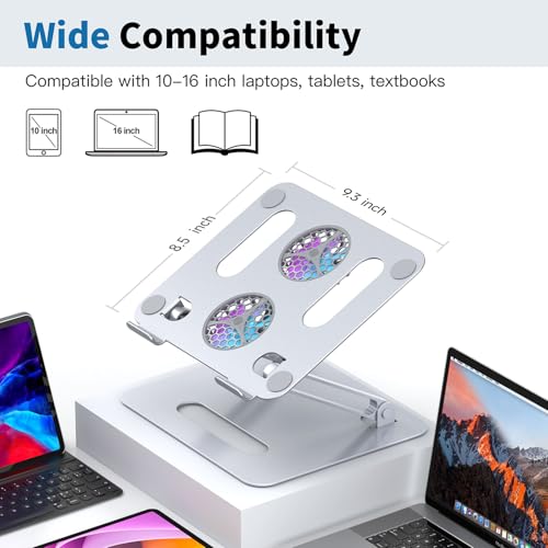 YICOSUN Adjustable Laptop Cooling Stand with 2 Quiet Fans & RGB Lighting, Aluminum Alloy & Foldable Ergonomic Design for MacBook, Lenovo, ASUS, Dell 10-16 Inch, Perfect for Gaming, DJ, Office - Silver - color: Silver