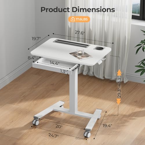 28" Mobile Standing Desk with Drawer, Portable Laptop Desk | Rolling Desk with Cup Holder & Hooks, Height Adjustable Computer Cart on Wheels for Classroom, Study Desk with Storage, White - color: White, size: 28"