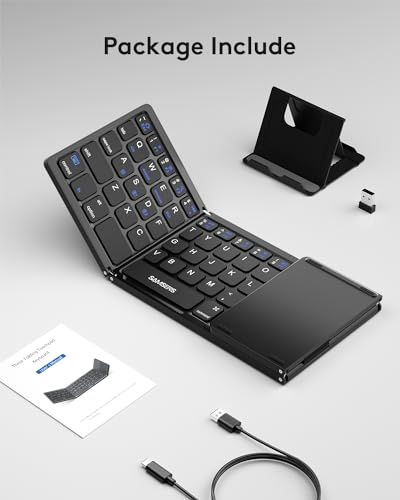 Samsers Foldable Bluetooth Keyboard with Touchpad, Ultra Slim Compact,Black | Multi-touch Trackpad, Full Size, Phone Holder, USB-C Charging, 3 Device, for Android Windows iOS Mac OS, Mobile Productivity - color: Black, size: 3-Device