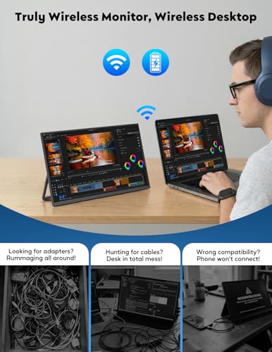 KEEPTIME Wireless Portable Monitor with Battery 8000mAh, 15.6" 1080P IPS Travel Monitor, Support AirPlay Miracast, with Stand/Bag, Second Screen for Laptop, PC, Phone - color: pitch-black