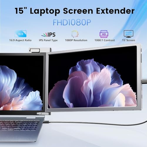 15.6'' 1080P FHD Laptop Screen Extender, Portable Monitor for 15"-17" Laptop with USB-C/HDMI Port, Plug-Play Monitor Extender for Triple Display for Mac/Windows Remote Work & Multitasking