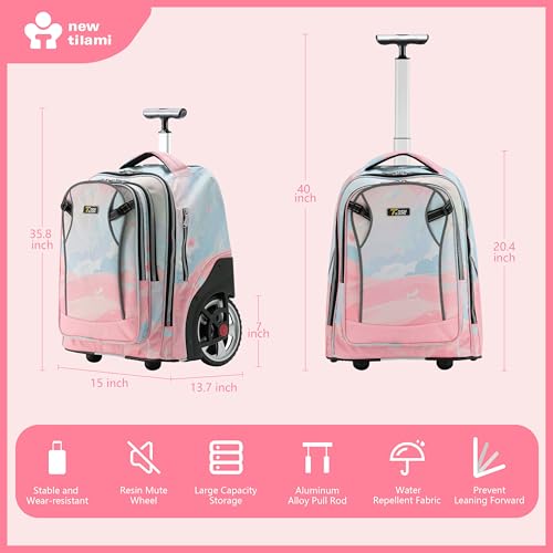 NEW TILAMI 20 Inch Rolling Backpack for School Stair-Climbing Big Wheel | Teen Boys Girls Carry-on Suitcase Large Organizer Compartment 15.6 Laptop Sleeve Adjustable Handle Roller Travel Bag College - color: Pink Dawn