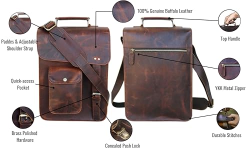 leather messenger bag laptop case office briefcase gift for men computer distressed shoulder bag - style: 13 Inches Dark