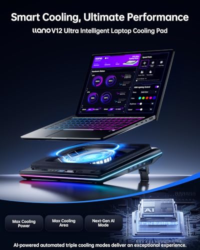 llano V12 Ultra Laptop Cooling Pad with Smart Software Control Laptop Fan | Laptop Stand RGB, 5.5" Turbo Fan, Adjustable Speed, 3-Port USB 3.0 Hub, 3 Height Stands, for 15.6"-19" Gaming Laptops, Black