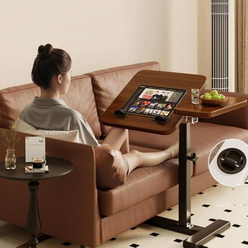 Wooden Side Table for Couch C Shaped Bed Table Rolling Laptop Table Adjustable Overbed Table Folding Nightstand with Tilting Top(Walnut+Black) - color: Walnut+black