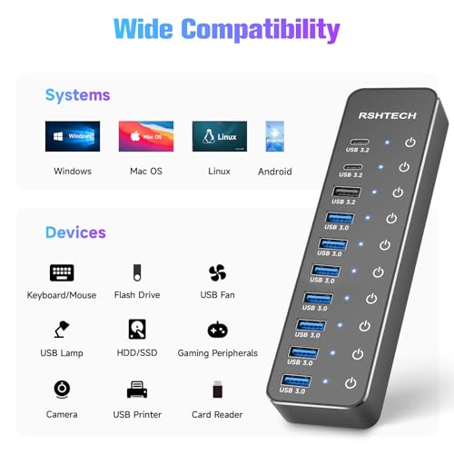 Powered USB Hub, RSHTECH 10-Port USB 3.2/USB C Hub 60W with 10Gbps USB-A 3.2, 2 USB-C 3.2, 7 USB 3.0 Ports, Individual Touch Switches and 3.3ft Cable, Hybrid USB Splitter for Laptop/PC, RSH-ST10C