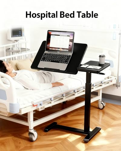 Overbed Table with Wheels, Pneumatic Lift, Foldable Top (Black) | 0-70° Tilt Desktop Bedside Table, Hidden Casters,1.18 In Low-Profile Base Slides Under Beds and Sofas, Holds 88 Lbs - color: Black