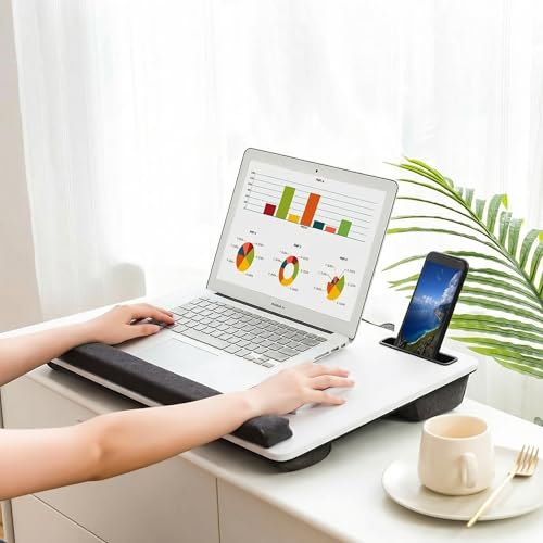 Lap Desk Home Office Lap Desk Portable Laptop Desk for Left Right - Handers with Whole Mouse Pad Wrist Pad Dual Cushion Phone Tablet Slots Fits Up to 17 Inch Laptops - color: White