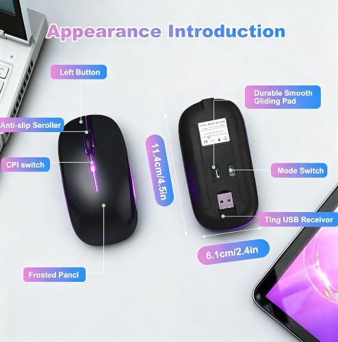 Wireless Bluetooth Mouse Rechargeable Long Lasting Dual Mode - BT 5.2 & 2.4G Silent RGB LED Mice, Slim Portable Ergonomic Mouse for Laptop/PC/Tablet/MacBook/iPad/Apple Devices(Matte Black) - color: Matte Black