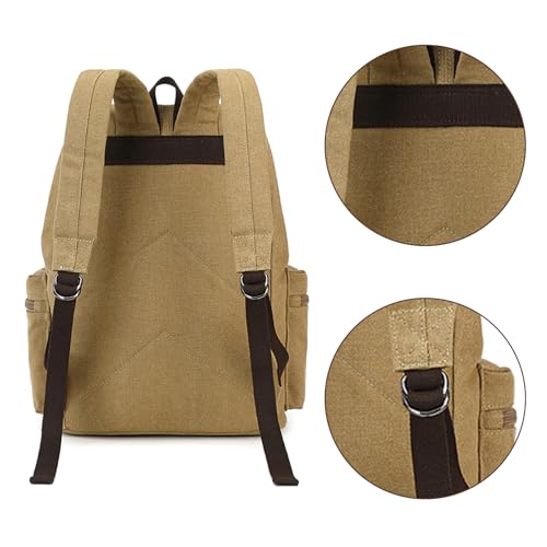 Retro Canvas & Leather Laptop Backpack, 15.6 Inch Durable Unisex Bag for Hiking, Work & Travel, Water Resistant Daypack - color: Khaki