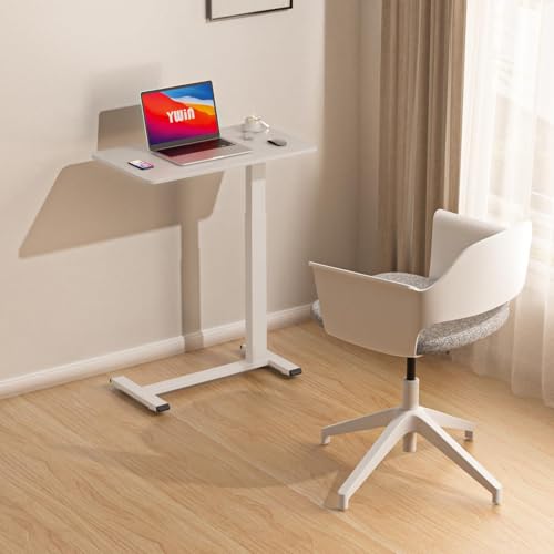 Ywin Hospital Bedside Table with Wheels, Pneumatic Lift, White | Wood top, 25-40in adjustable, 66lbs, rolling casters, mobile portable overbed table for bedside, home, patient care, medical - color: White, size: 28*16 in