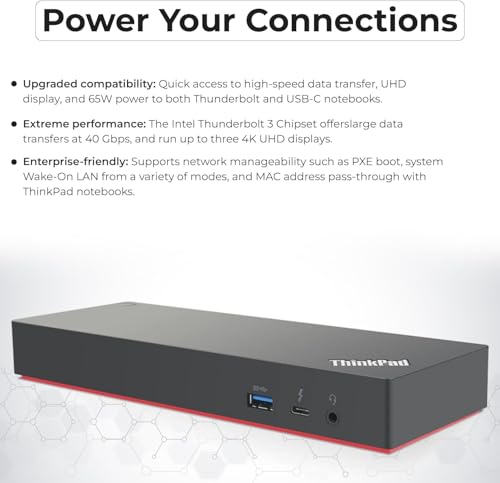 Lenovo 40AN0135US Thunderbolt 3 Dock - Gen 2 Dual UHD 4K Display with 135W Power Adapter, Thinkpad Lenovo Docking Station Dual Monitor with HDMI, DisplayPort, Thunderbolt Cable, Cloth
