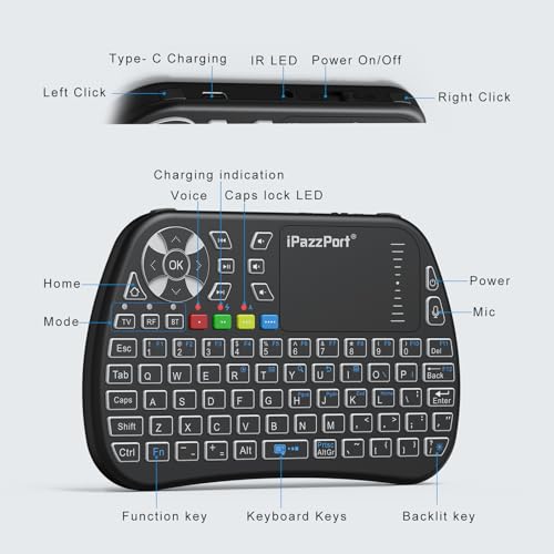 iPazzPort Mini Keyboard,Bluetooth&2.4G with Touchpad, Portable Wireless Keypad with IR Learning, RGB Backlight, Rechargeable, for PC,Android TV Box,Mac, Nvidia Shield, Laptop,Essential Home Keypad