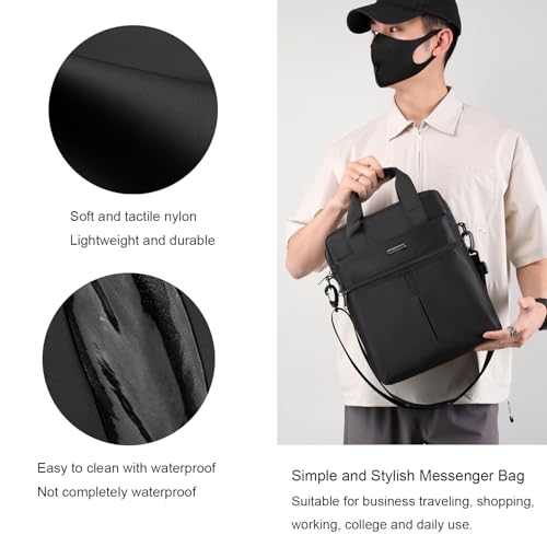 natyrlpog Men's 14-inch Laptop Shoulder Bag Nylon, Messenger Bag Business Waterproof Casual Black, Large Crossbody for Work Travel Outdoor
