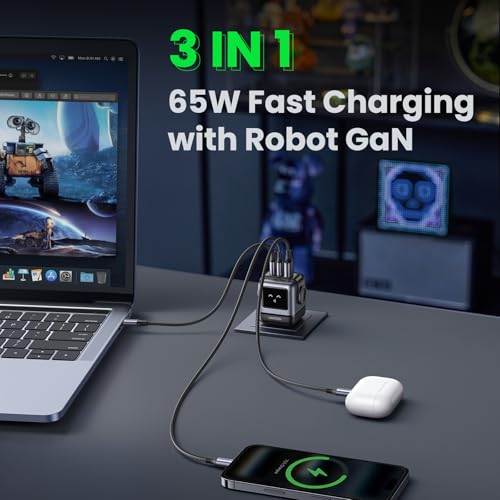 UGREEN Uno 65W USB C Charger Block, Nexode 3-Port GaN Fast Charger with Screen, Fun Robot Gifts for Men Women, Compatible with iPhone 17, MacBook Pro/Air/Neo, XPS, Galaxy S26, Steam Deck, Black - color: Black