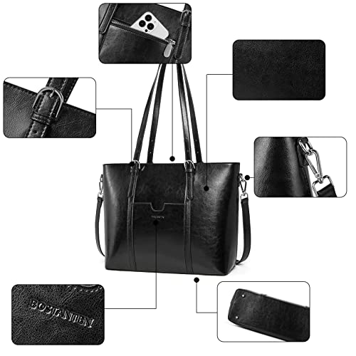 BOSTANTEN Genuine Leather Laptop Bag for Women 15.6'' Briefcase Tote Bags | Laptop Compartment, Structured, Professional, Detachable & Adjustable Shoulder Strap, Metal Feet, Work, Office, Business - color: C-black
