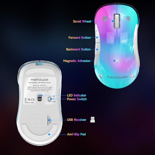 memzuoix 2.4G LED Wireless Mouse, Rechargeable Ergonomic Mouse with Detachable Cover, 1400 DPI Portable Optical Computer Mouse with USB Receiver for Laptop, PC, Desktop and MacBook, 5 Buttons-Blue - color: Blue