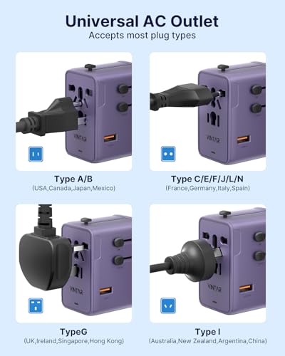 VINTAR 70W GaN Universal Travel Adapter, 5 in 1 with 3 USB-C PD& 1 USB-A QC | International Power Adapter with 70W GaN Fast Charging, All-in-one for EU UK USA AUS, Worldwide Travel Essentials, Purple - color: 70W Purple