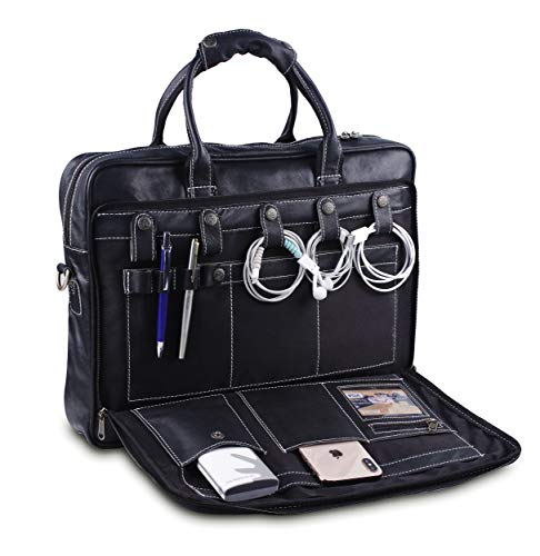 18 Inch Leather Laptop Bag for Computer Bag for Men– Supple Genuine Leather Briefcases for Men W/Padded Laptop Case Leather - color: Black