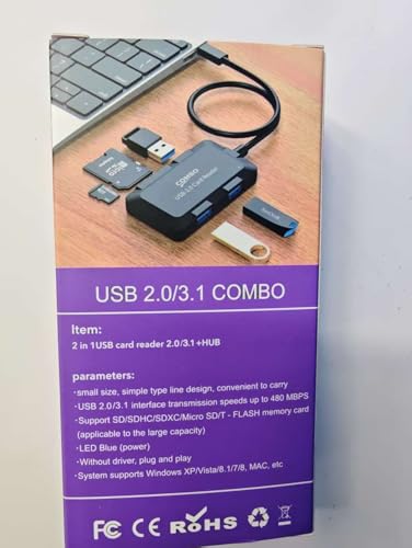 5 in 1 USB Hub with SD/TF Card Reader, USB Extender with 3 USB-A Ports for Laptop, PC, Desktop, Mouse, Keyboard, Projector and More(Black/3.3FT Cable)