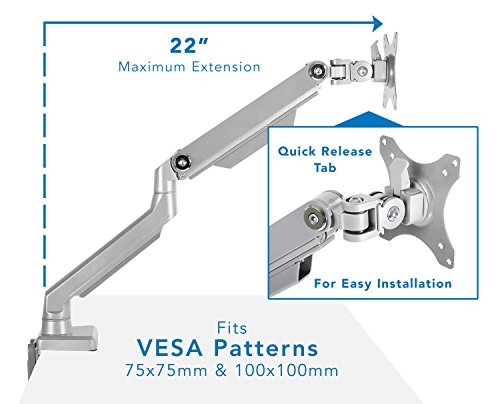 Mount-It! Single Monitor Arm Desk Mount, Mechanical Spring Height Adjustable Monitor Stand for 13–32 Inch Screens up to 17.6 lbs, VESA 75x75 & 100x100, C-Clamp & Grommet