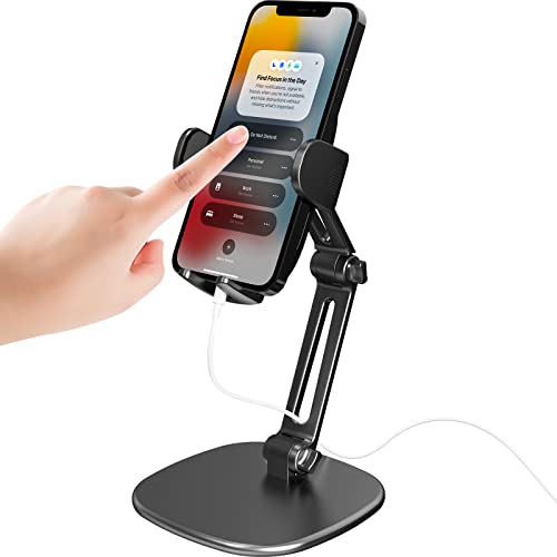 APPS2Car Phone Stand for Desk, Adjustable Cell Phone Holder for Office | Triple-Clamp Phone Holder, Height-Adjustable Folding Arm, 360° Rotation, Anti-Slip Base, Fits Cases up to 20mm