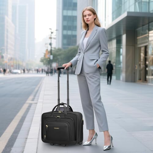 Ytonet Rolling Laptop Bag Women, 17.3 Inch Laptop Briefcase with Large Cup Holder, Carry On Luggage with Insulated & Waterproof Pocket, Roller Bag with Lock, Teacher Bag for Work Travel,Black - color: Black