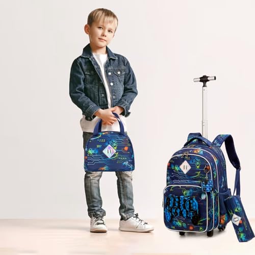 Kids Rolling Gamepad Backpack for Boys Luggage Suitcase With Wheels Trolley Wheeled POP Roller Backpacks for Elementary Travel School Bags 17" 3PCS Toy Backpack With Lunch Box Blue - color: 041123-yoxishoubing