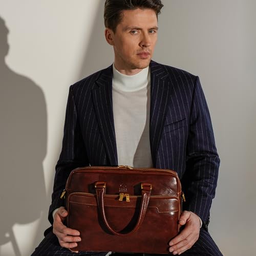 Time Resistance Leather Briefcase - Italian Handmade Leather Laptop Bag - Briefcase for Men and Women - Computer Bag - color: Brown