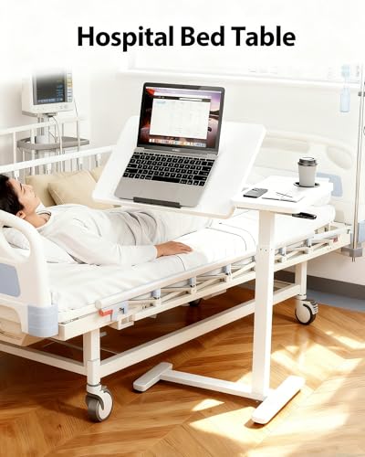 Overbed Table with Wheels, Pneumatic Lift, Foldable Top (White) | 0-70° Tilt Desktop Bedside Table, Hidden Casters,1.18 In Low-Profile Base Slides Under Beds and Sofas, Holds 88 Lbs - color: White
