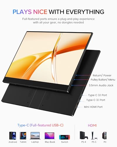 EVICIV Portable Monitor 15.6", 125% sRGB 1080P IPS Laptop Monitor | 350 Nits, 2000:1 Contrast, USB-C & MINI HDMI, VESA & Case, Ultra-Slim Travel Second Screen for Computer, Game Consoles - size: 15.6-Inch