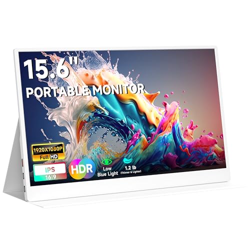 QAF Portable Monitor for Laptop, 15.6 Inch FHD 1080P USB-C HDMI 100% sRGB HDR IPS Display, Ultra-Thin Travel Second Screen Compatible with Laptop Mac PC Phone PS5 Xbox Switch, Built-in Speakers, White - style: 15.6-Inch Pure White