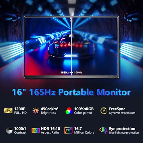 16 Inch Portable Monitor for Laptop and Gaming, 165Hz 450 Nit 100% sRGB | External Second Screen with Stand, HDMI Type-C, Compatiable Mac Xbox PS5, Eye Care, Ultra-Slim Aluminum Alloy Body