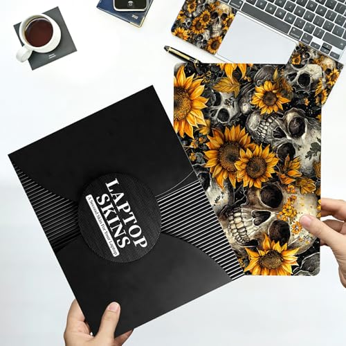 Universal Laptop Skin Sticker with 2 Wrist Pad Decals, 3-Piece Removable Vinyl Laptop Cover, Sunflower Skulls Waterproof Anti-Scratch, Easy-Trim Fit for 13.3" 14" 15.6" Laptops - color: Sunflower Skulls