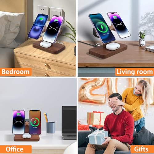 Wood Dual Phone Charging Station Compatible with Magsafe Charger Stand Magnetic Wireless Charger for iPhone 17 16 15 14 13 12 Series iWatch AirPods Wireless Charging Station for Apple Devices - color: Without Apple Watch Charger