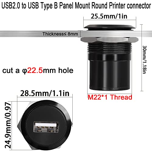 QIANRENON USB2.0 to USB B Threaded Fixed Printer Adapter USB2.0 Female to USB Type B Female Panel Mount Round Connector for PC Printer Scanner Laptop