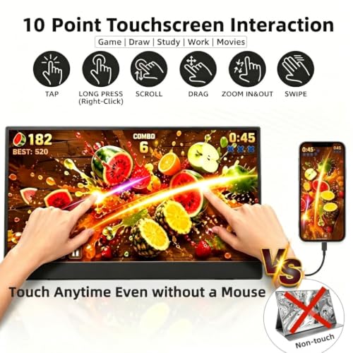 15.6'' Portable Monitor Touchscreen 10 Point 1080P IPS External Touchscreen Monitor for Laptop, USB-C HDMI Second Portable Screen Travel Monitor with 2 Speakers VESA for Mac Window PC Phone PS5(Touch)