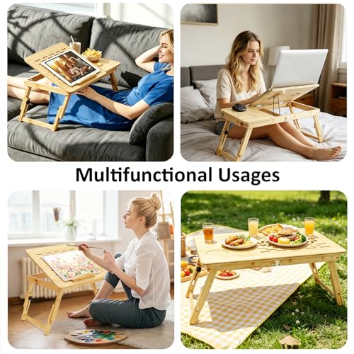 Laptop Desk for Bed, Foldable Bed Tray, Adjustable Angle & Height | Bamboo Laptop Stand with Cup Holder and Drawer, Portable Lap Desk for Couch Sofa Floor, Ideal for Breakfast, Writing, Drawing