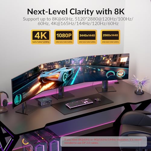 AV Access 8K KVM Switch 3 Monitors 2 Computers, 5 USB Ports, KVM Docking Station Triple Monitor 8K@60Hz/4K@165/144Hz, 2K@144Hz, SD, Audio, Gigabit LAN for Dell HP Desktop with HDMI & DisplayPort - size: D23i