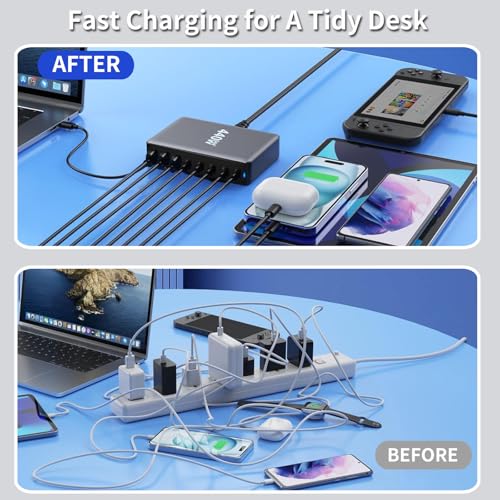 500W USB C Fast Charging Station Hub, 8 Port HUB Fast Charging Brick for Multiple Devices,PD PPS 100W Wall Charger Compatible with MacBook Pro/Air/All iPad iPhone 16/15, for HP Dell Lenovo Acer Laptop