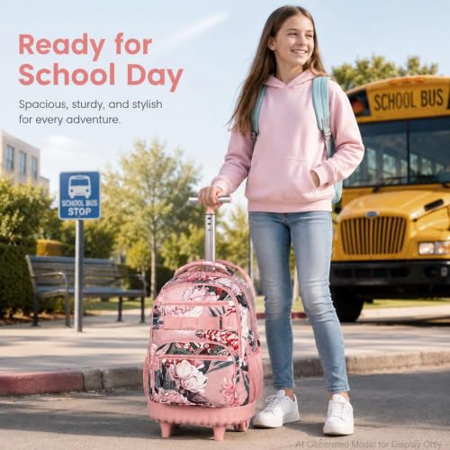 3Pcs Rolling Backpack for Girls Women, 19 Inche Adults Roller Bag with Wheels, Flower Wheeled Bookbag with Lunch Box(Pink) - color: Pink Flower