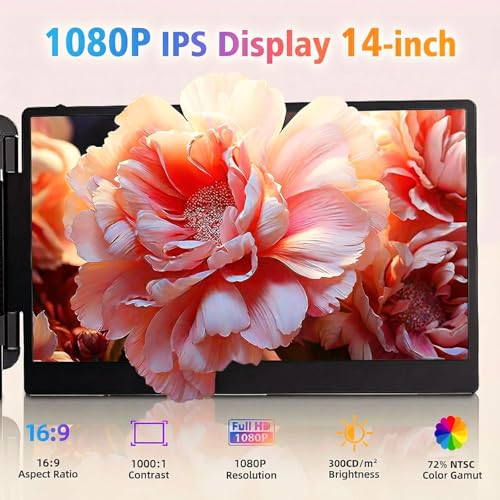 ROYY Laptop Screen Extender, 14" Portable Laptop Monitor FHD 1080P IPS, 180° Rotation Dual Screen, One Cable Plug & Play, Extra Compatible with Windows/Mac/Android/Switch/PS Fits 13"-17" Laptops - size: 14" Screen Extender