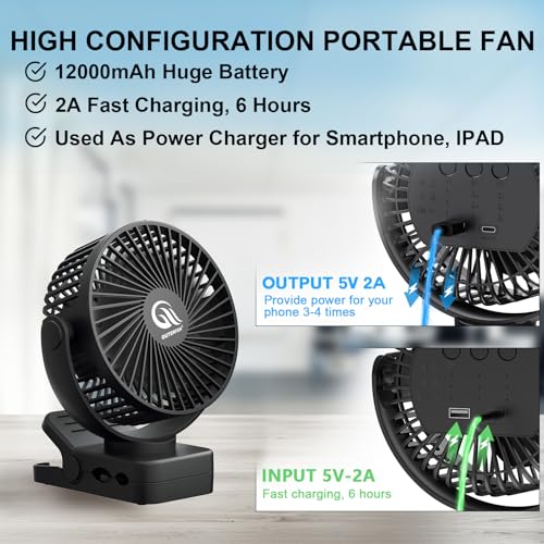 Portable Fan with Remote Control & Timer & LED Lights, 60hrs 12000mAh USB Rechargeable Battery,Clamp/Hanging/Stand Up, Small Clip on Fan for Baby Stroller, Bed, Desk, Camping Tent, Travel