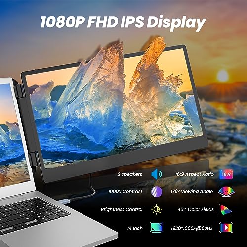 domyfan 14" Laptop Screen Extender, FHD 1080P IPS Triple Portable Monitor for Laptop, HDMI/USB-A/Type-C for Windows, Mac, Android, Chrome, Switch & PS5, Work with 13.3”-17” Laptops