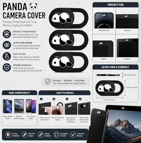 3Pcs Cute Panda Webcam Cover Slide, Ultra Thin Laptop Camera Cover Slider for MacBook, Computer, iPad, Smartphone and PC Privacy Blocker